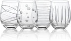 Joeyan Hand Blown Etched Stemless Wine Glasses with Dots Strips Pattern for Red Wine,Large Carved Drinking Glass Cups Tumblers for Wedding Anniversary Party Home,Set of 4,17.5 oz