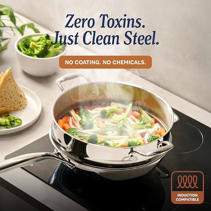 LEGEND COOKWARE 5-Ply Stainless Steel 8-Inch Frying Pan - Induction Compatible, Oven Safe 800°F - Non-Toxic, No Coatings - Even Heating, Won't Warp - Built to Last Generations