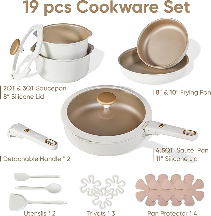 CAROTE 19Pcs Titanium Reinforced Nonstick Pots and Pans Set, Nonstick Cookware Set with Detachable Handle, Gold-Trimmed Cookware Sets, Removable Handles, Induction, Dishwasher Safe, Oven Safe, White