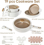 CAROTE 19Pcs Titanium Reinforced Nonstick Pots and Pans Set, Nonstick Cookware Set with Detachable Handle, Gold-Trimmed Cookware Sets, Removable Handles, Induction, Dishwasher Safe, Oven Safe, White