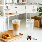 KEMORELA 4-Pack 20 oz Ribbed Glass Tumblers with Lids and Glass Straws – Vintage Iced Coffee Cups, Reusable Smoothie & Cocktail Drinking Glasses, Clear Glassware for Home or Cafe