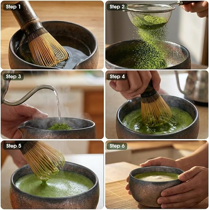 Matcha Whisk Set 7-Piece with Handmade Matcha Bowl & 100-Prong Purple Bamboo Whisk (Chasen), Complete Matcha Kit with Holder, Scoop & Rest, Bamboo Tea Mat, Gift-Ready Matcha Set