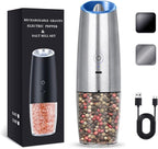 Rechargeable Electric Salt and Pepper Grinder, gravity electric salt and pepper grinder, Adjustable Roughness, LED Light, 1 Pack, (Silver)