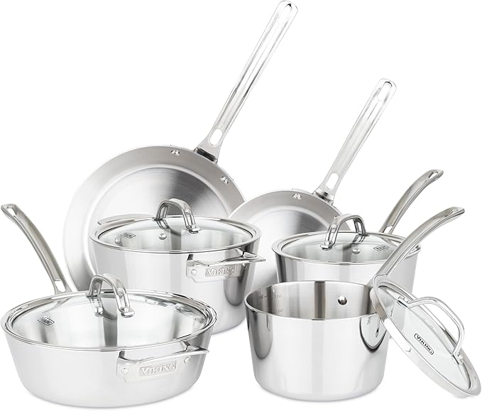 Viking Contemporary 3-Ply Pots and Pans Set, 10 Piece Stainless Steel Kitchen Cookware, Silver