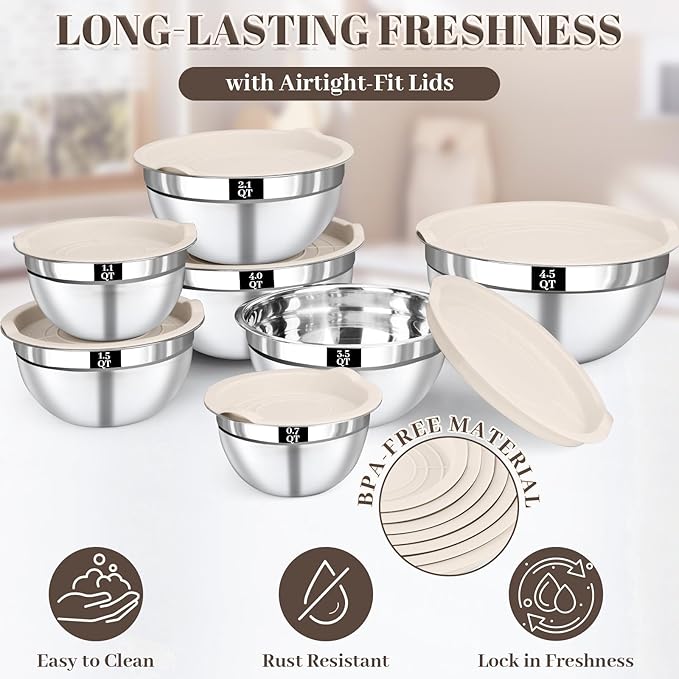 Mixing Bowls with Lids Set - 7PCS Nesting Mixing Bowls, Airtight Lids, Stainless Steel Mixing Bowls for Mixing, Baking & Meal Prep, Dishwasher Safe, Size 0.7/1.1/1.5/2.1/3.5/4/4.5 QT, Khaki
