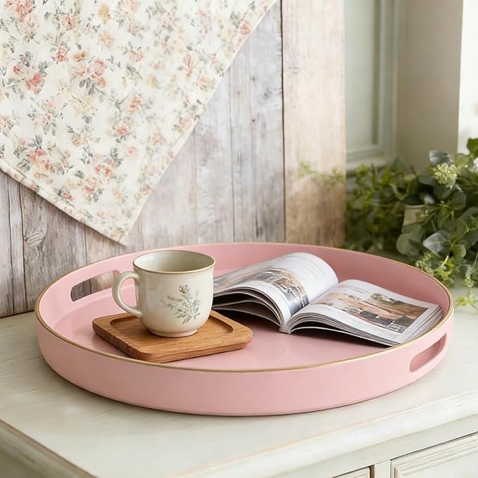 Pink Decorative Tray,Elegant Round Plastic Serving Tray with Handles,Round Ottoman Trays Coffee Table Trays for Living Room,Home Decor 13"