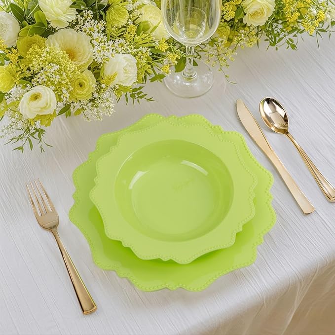 COLOSUS 60 Pack Lime Green White Plastic Bowls, 12 oz Disposable Soup Bowls, Premium Plastic Dinner Bowls,Heavy-duty Dessert Salad Bowl for Party, Wedding, Dinner