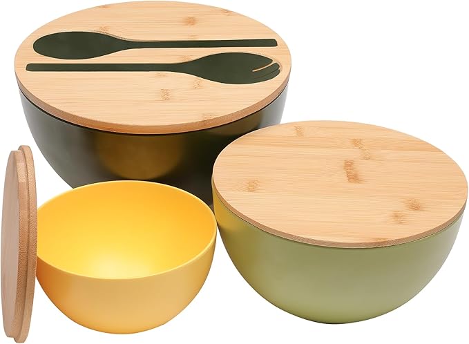 ECOWAY Salad Bowls Set of 3 with Lid & Serving Utensils, Colorful Serving Bowls, Bamboo Fiber Salad Bowls with Bamboo Lid, Kitchen Bowls for Salad, Kitchen Eating, Pasta, Popcorn, Fruit (3 Colors)