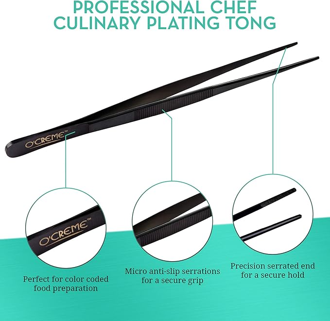 O'Creme 10 Inch Black Precision Stainless Steel Kitchen Tweezer Tongs with Serrated Tips for Gripping