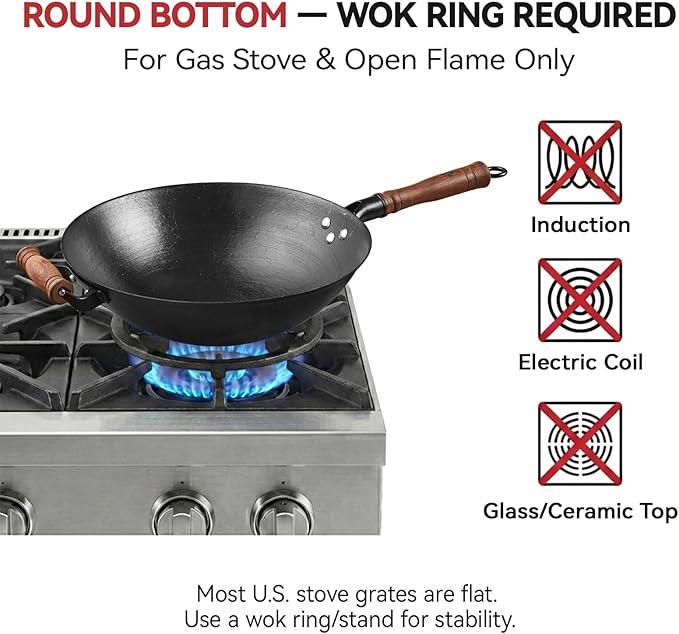 WANGYUANJI 12.6” Cast Iron Wok with Glass Lid – Traditional Round Bottom Chinese Wok for Gas Stove & Open Flame (Wok Ring Required) – Uncoated Clay-Mold “Turtle Shell” Texture – Seasoning Needed