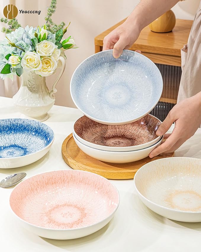 Yeacccng Pasta Bowls Set of 6, 8.7 Inch 39 Oz Colorful Reactive Glaze Ceramic Bowls, Modern Farmhouse Style, Lead-Free Cadmium-Free, Dishwasher Microwave Oven Safe, Scratch-Resistan (Blue)