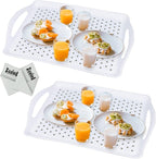 ECOIOU Non Slip Food Serving Tray with Handles, Rectangle Anti-Slip Non-Toxic Dishwasher Safe Tray for Snack Fruit Dessert Breakfast Drink Come with Cleaning Cloths, White