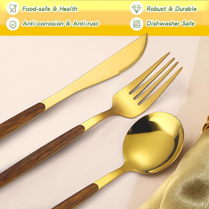 20-Piece Gold Silverware Set with Cake Fork, Stainless Steel Flatware Cutlery Set for 4, Tableware Eating Utensils Set with Wooden effect Handle, Knife Fork Spoon, Mirror Finish, Dishwasher Safe