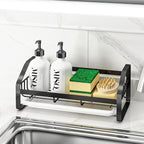 BSKSSK Sink Caddy, Sponge Holder for Kitchen and Bathroom, 304 Stainless Steel Countertop Organizer Soap Tray With Removable Drain Tray - Black Length Version