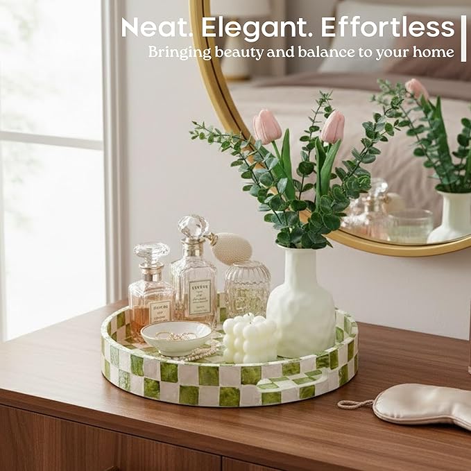 CHI AN HOME 12.6" Capiz Decorative Tray with Handles, Checkered Round Serving Tray for Coffee Table, Kitchen Counter, or Bathroom (Pistachio Green)