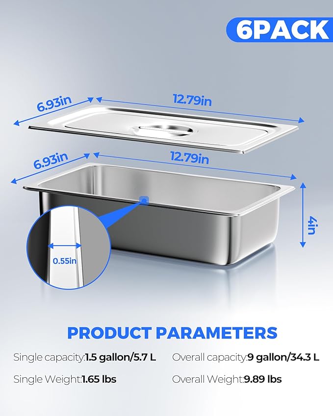 WantJoin Steam Table Hotel Pans with Lid 1/3 Third Size 4 Inch Deep 6 Pack, Thickened Stainless Steel Metal Food Storage Container Tray Set, Restaurant Chafing Dishes Commercial Buffet Catering