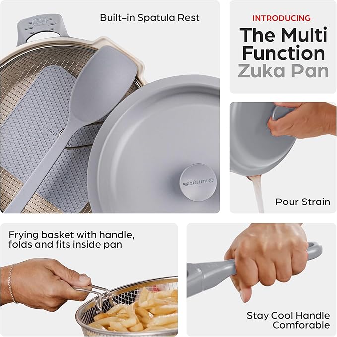 ZUKA 10 in 1 Ceramic Pan by Granitestone, Large 10 Inch Saute Pan with Lid Serves as Deep Frying Pan Set with Steamer, Everyday Skillet, Non Toxic Ceramic Nonstick, Induction Oven & Dishwasher Safe