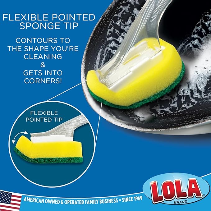 LOLA Dish Brush w/Soap Dispenser Wand, 1 Brush w/Head & 6 Refills, Absorbent Sponge Scrubber, No Leaking. Clean Dishes, Sinks and Cookware (Pack of 2)