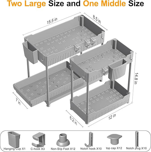 3 Pack Under Sink Organizers, 2-Tier Multi-Use Kitchen and Bathroom Organizers and Storage with Sliding Drawers, Bathroom Cabinet Organizer (Gray, 14.8 Inch)