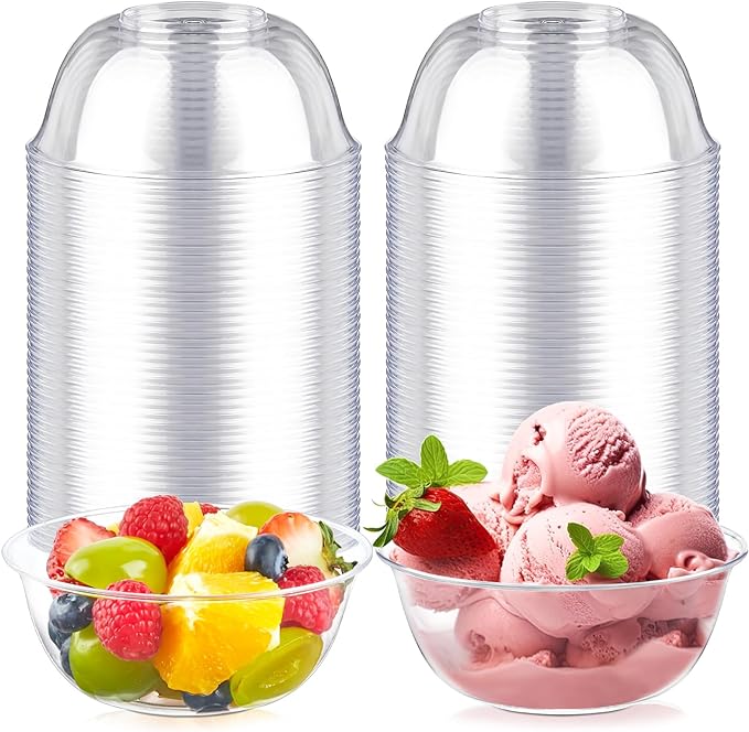 Qeirudu 12 oz Small Clear Plastic Bowls, 100 Pack Disposable Hard Plastic Party Serving Bowls for Salads, Ice Creams, Fruit, Desserts, Parfaits, Snacks