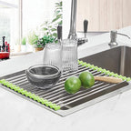 Seropy Roll Up Dish Drying Rack Over The Sink Drying Rack for Kitchen Counter, Rolling Dish Rack Over Sink Mat, Foldable Dish Drainer Stainless Steel Rack Kitchen Organization Green 17.5"x11.8"