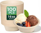 16 Oz [100 Pack] Small Disposable Paper Bowls - Heavy Duty and 100% Compostable - Natural Bagasse Biodegradable Bowls for Chili,Ice Cream,Dessert