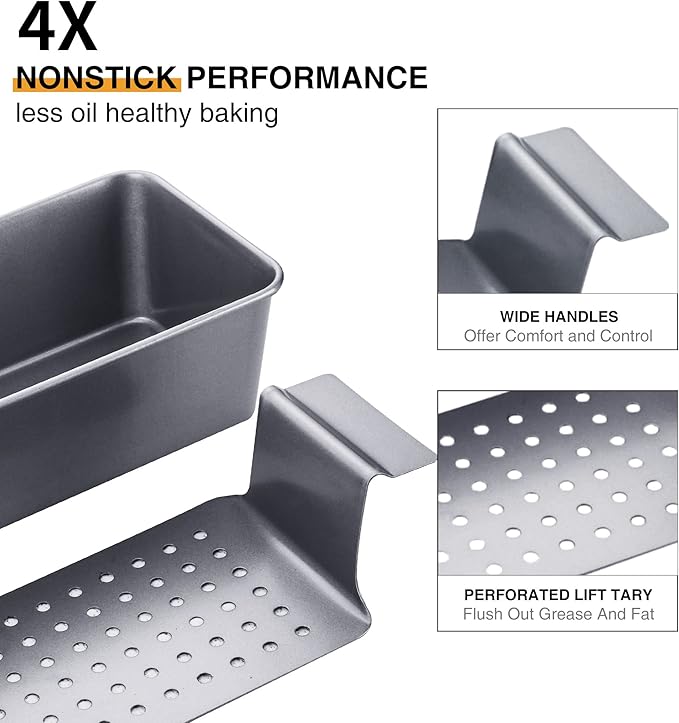 HONGBAKE 4 Pack Meatloaf Pan with Drain Tray, 9 x 5 Inches Loaf Pans with Insert, Nonstick Meat Loaf for Baking, Grey