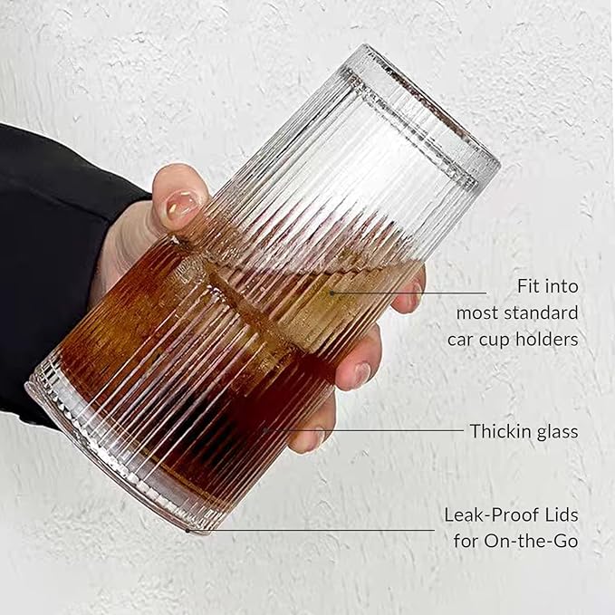 Puraville 4 Pack 20oz Glass Cups with Lids and Straws, Vintage Ribbed Glassware for Whiskey Cocktail Beer, Mason Jar Drinking Glasses Tumbler Iced Coffee Cup