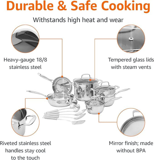 Amazon Basics Stainless Steel Cookware 15-Piece Set, Oven Safe, Induction-Ready, Even Heating, Easy to Clean, Stay-Cool Handles, Pots and Pans, Silver