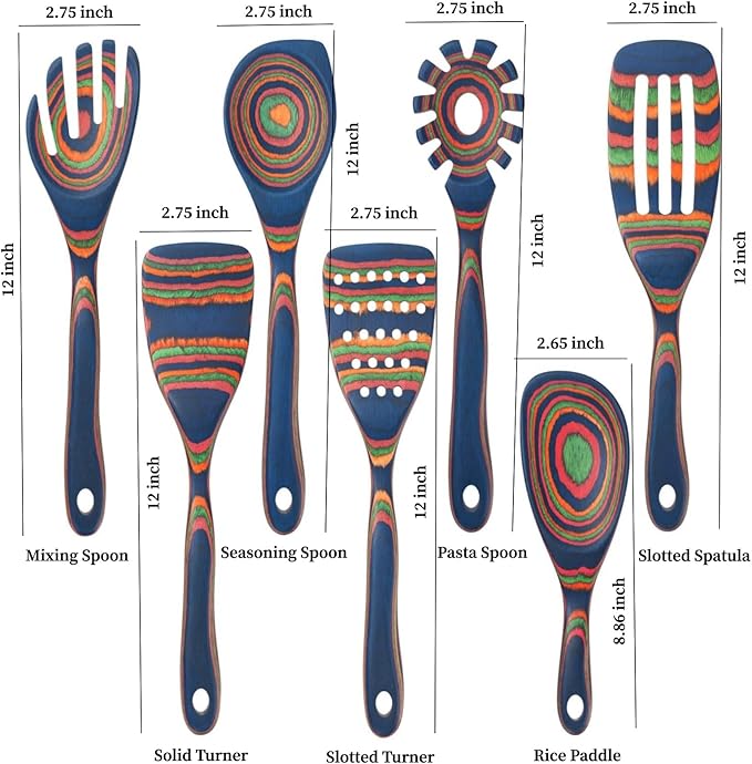 7 Pcs Wood Cooking Utensils Set, Wooden Kitchen Utensil Set for Cooking, Wooden Cooking Spoons & Spatulas, Safe for Non-Stick Cookware, Blue