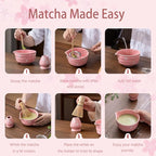 Matcha Whisk Set, Matcha Bowl with Spout, Matcha Whisk and Holder, Bamboo Matcha Scoop and Stainless Sifter，Ceramic Matcha Bowl Set (Pink)