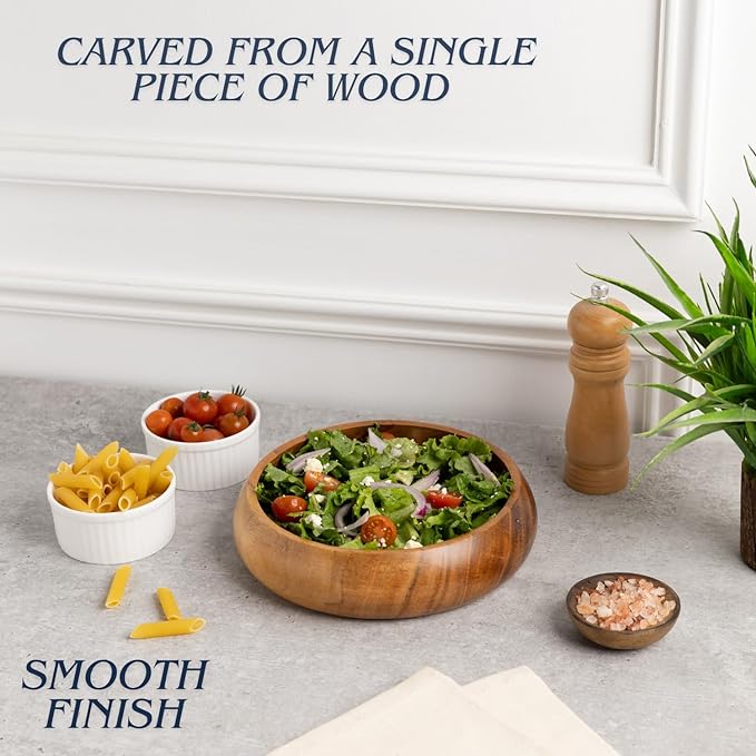 Acacia wood salad bowls set of 2 | Individual wooden bowls 8 x 2 inches (25 oz) | Use for salad, pasta, rice, acai, smoothie, soup, fruits, snacks