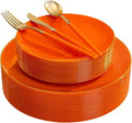 DaYammi 150Pcs Orange Plastic Plates & Gold Cutlery with Orange Handle,orange Disposable Plates with Gold Rim Set Include 30 Dinner Plate,30 Dessert Plate,30 Knive,30 Forks,30 Spoons for Party Wedding