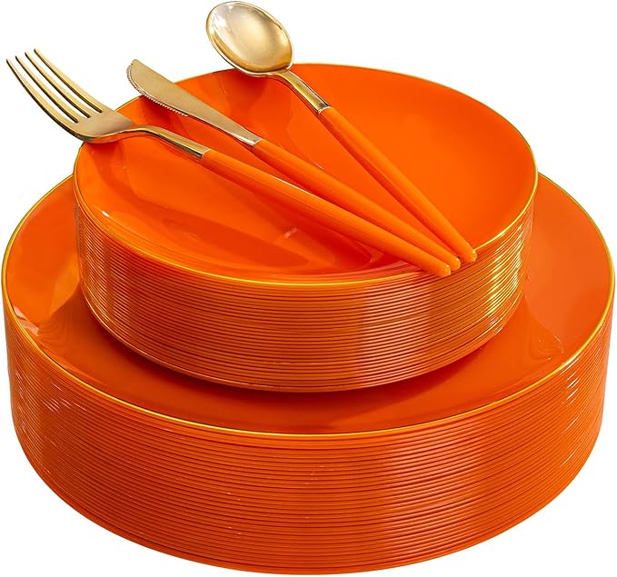 DaYammi 150Pcs Orange Plastic Plates & Gold Cutlery with Orange Handle,orange Disposable Plates with Gold Rim Set Include 30 Dinner Plate,30 Dessert Plate,30 Knive,30 Forks,30 Spoons for Party Wedding