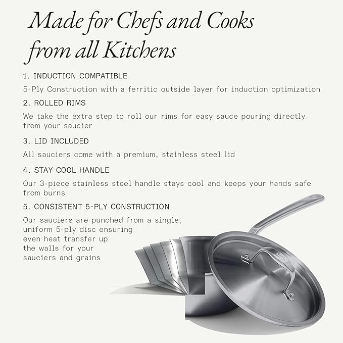 Made In Cookware | 3 Quart Stainless Steel Saucier Pan | 5 Ply Stainless Clad | Professional Cookware | Crafted in Italy | Induction Compatible