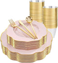 bUCLA 180PCS Pink Plastic Plates - Pink with Gold Rim Disposable for Party Include 30 Each (Dinner & Dessert) Plates, 30 Knives, 30 Forks, 30 Spoons, 30 Cups for Wedding, Birthday & Mother's Day