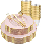 bUCLA 180PCS Pink Plastic Plates - Pink with Gold Rim Disposable for Party Include 30 Each (Dinner & Dessert) Plates, 30 Knives, 30 Forks, 30 Spoons, 30 Cups for Wedding, Birthday & Mother's Day