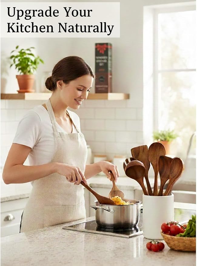 8-Piece Natural Teak Wood Utensil Set - Essential Nonstick Cooking Spoons & Spatulas, Eco-Friendly Tools