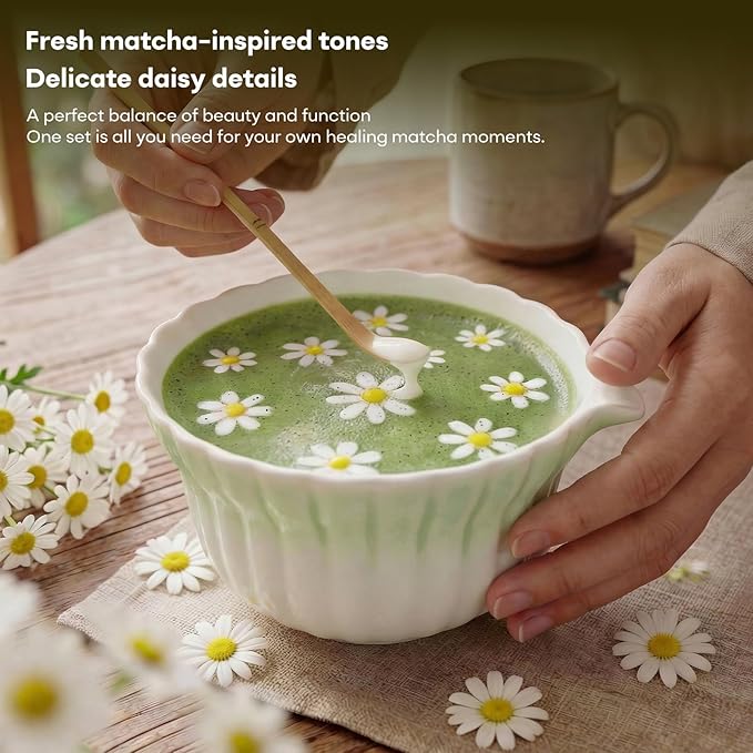 Matcha Whisk Set | Japanese Matcha Kit with Daisy Ceramic Bowl, Mushroom Whisk Holder, Sifter, Bamboo Chasen Whisk & Scoop | Mothers Day, Fathers Day, Housewarming Gift, Green