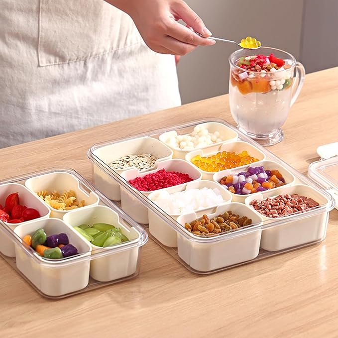 VOUKEN 2PCS Plastic Divided Serving Tray with Lid Snackle Box Charcuterie Container Portable Snack Platters Organizer for Candy, Fruits, Snacks, Nuts, for Party, Entertaining, Picnic (4 Compartment)