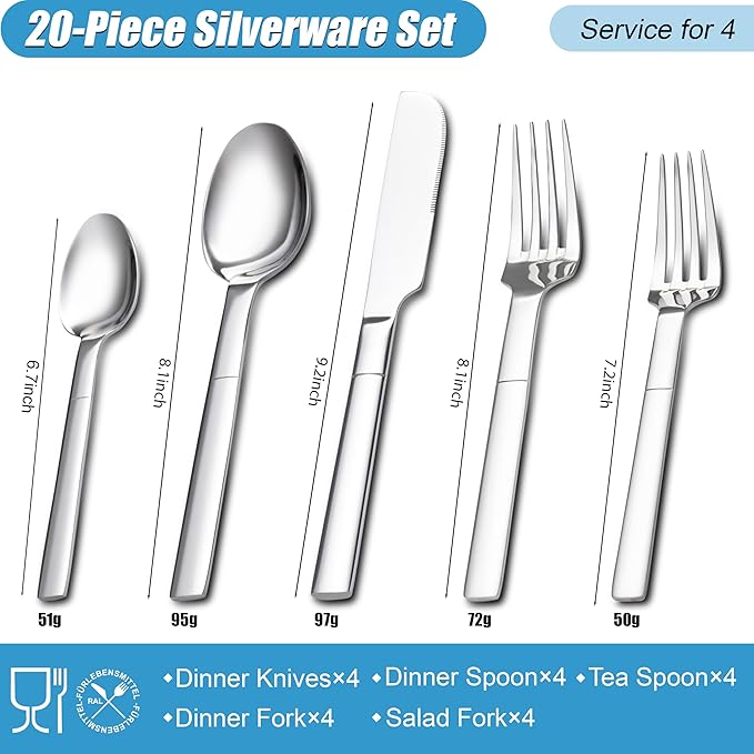 20Pcs Heavy Duty Silverware Set for 4, Scentlate Premium Stainless Steel Flatware with Unique Handle, Mirror Polished Modern Cutlery Utensils, Rust-Proof Dishwasher Safe Forks Spoons Knives
