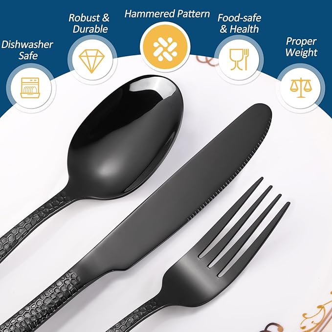 20 Piece Black Modern Flatware Set Hammered Silverware Set Stainless Steel Fine Vintage Dining Cutlery Utensil Set Forged with Hammered Handle Service for 4 Reusable Mirror Finish Dishwasher Safe