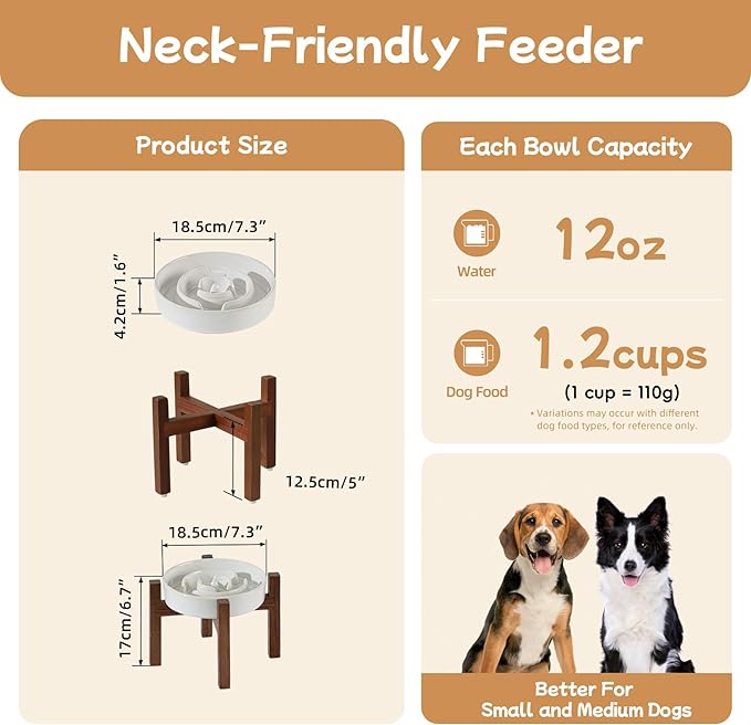 Havniva Ceramic 1.2 Cup Raised Slow Feeder Dog Bowl Set, Elevated Acacia Wood Stand for Medium and Small Dog, 7.3inch Slow Dish, Stop Bloat(Single Bowl+ Stand, Reactived Glaze -White)