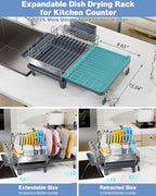 Expandable Dish Drying Rack, Dish Racks for Kitchen Counter, Stainless Steel 304, Flip-Top Retractable Plate, Multi-Directional Adjustable Dish Rack, Space Saving Large Drying Rack Kitchen, Gray