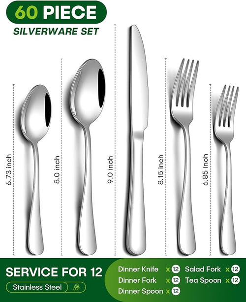 60 Piece Silverware Set, Stainless Steel Flatware Set for 12 Food Grade Novelty Flatware Cutlery Utensil Set Include Knife Fork Spoon Mirror Polished Dishwasher Safe