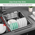 Fanbsy Large Dish Drainer Rack in Sink Adjustable, Expandable 304 Stainless Steel Metal Dish Drying Rack Organizer with Stainless Steel Utensil Holder Over Inside Sink Counter, Rustproof