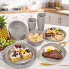 EI 24pcs Grey Wheat Straw Dinnerware Set of 6,Reuasble Unbreakable Dinner Plates,Wheat Plates and Bowls Sets for Camping,Picninc,Family Dinner