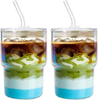 Luxfuel 16 oz Glass Tumbler with Lid & Straw, Reusable Iced Coffee Cup & Smoothie Cup, Leak-Proof Borosilicate Glass for Coffee, Iced Tea, Water – 2 Pack, Ideal for Office, Home & Travel, Iridescent
