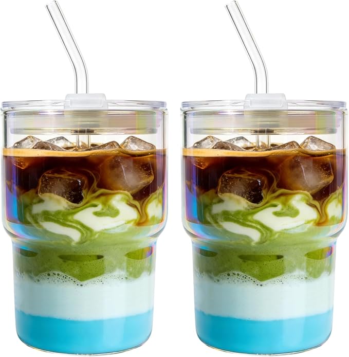 Luxfuel 16 oz Glass Tumbler with Lid & Straw, Reusable Iced Coffee Cup & Smoothie Cup, Leak-Proof Borosilicate Glass for Coffee, Iced Tea, Water – 2 Pack, Ideal for Office, Home & Travel, Iridescent