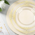 Bestluck 350PCS Clear Plastic Plates for 50 Guests, Disposable Dinnerware Sets Include 50 Gold Rim Plastic Plates, 25 Silverwares, 25 Cups, and 25 Pre Rolled Napkins for Party, Wedding and Graduation